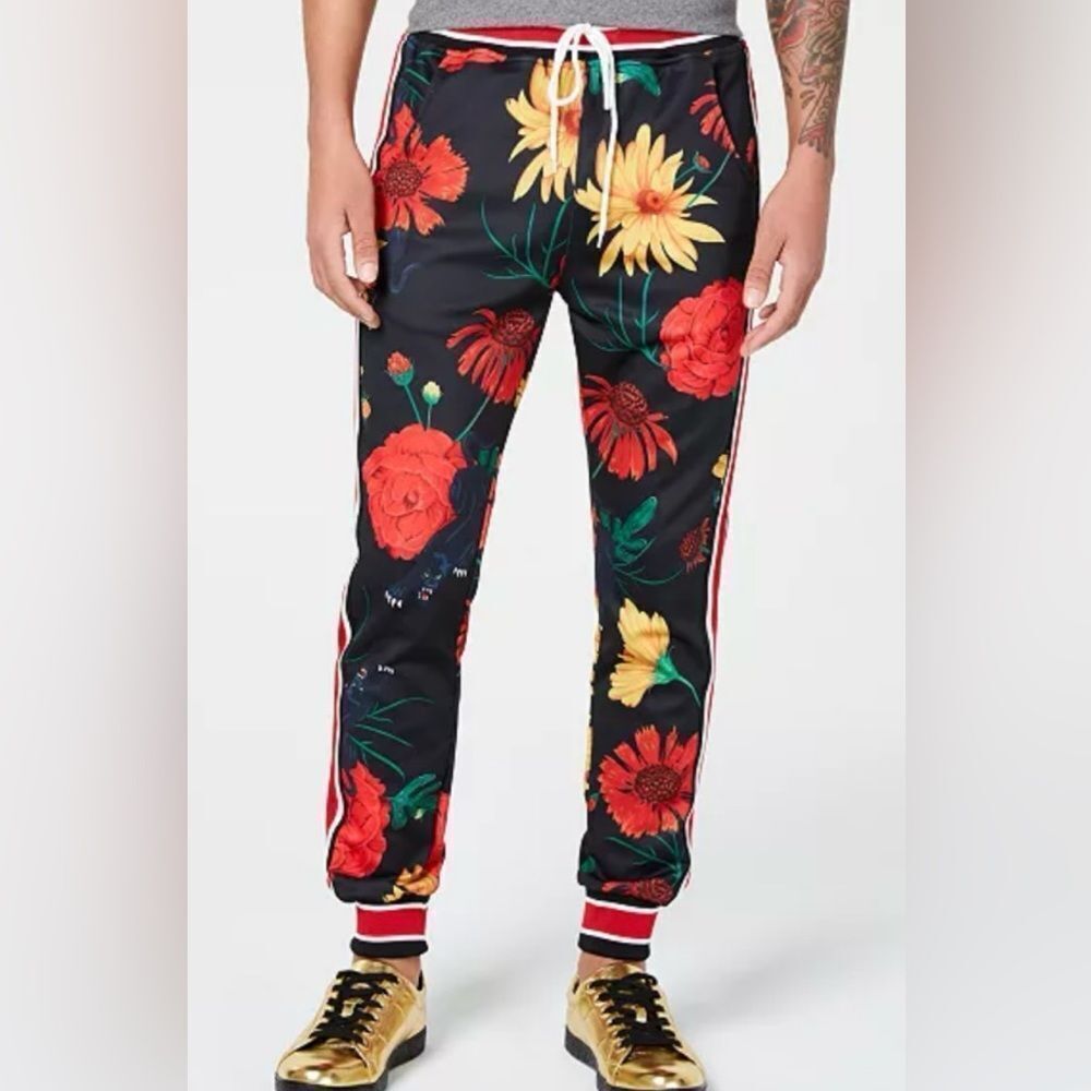 Reason Black and Red Floral Sweatpants with Sporty Stripes